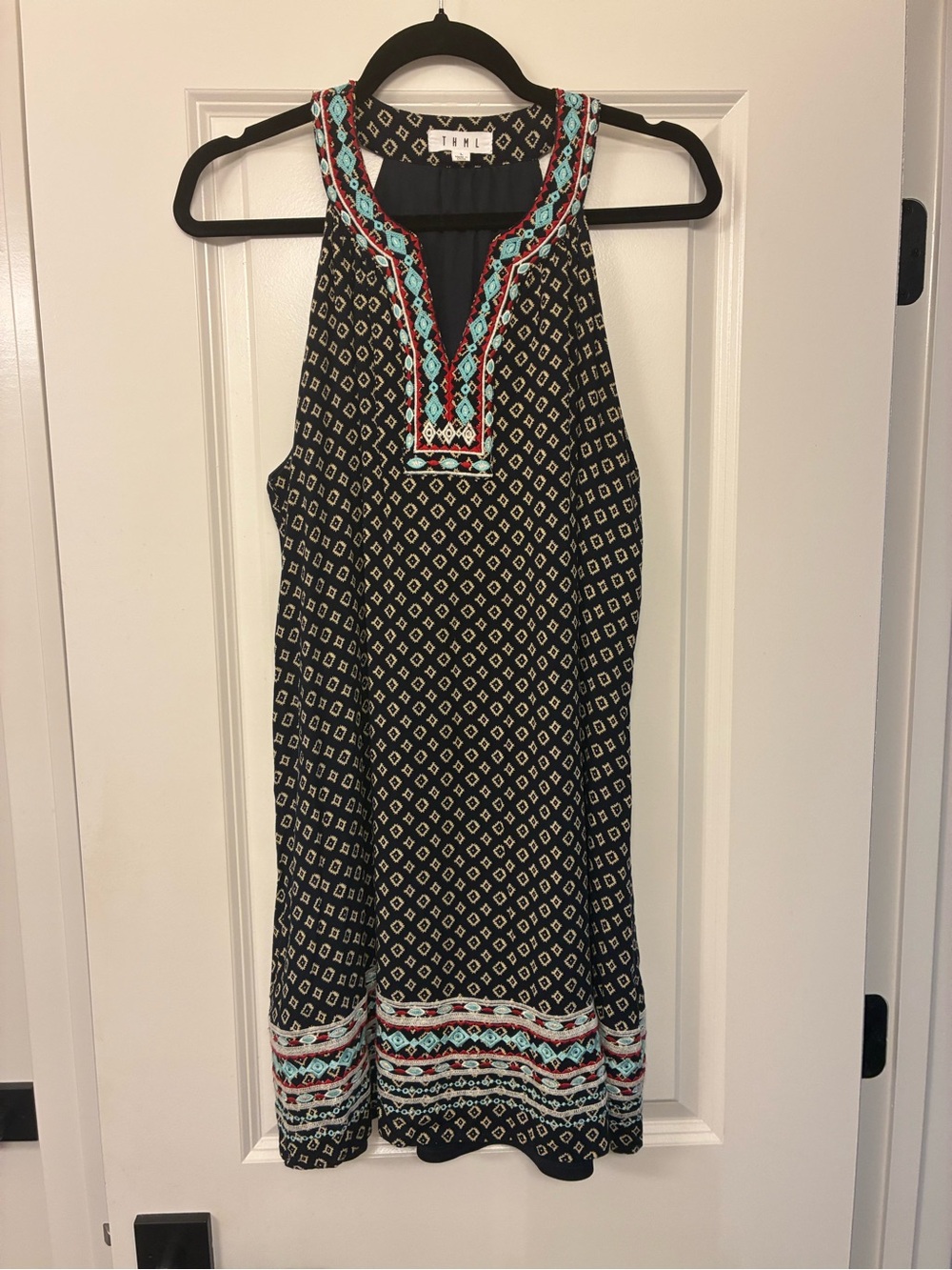 THML Navy Mini Dress with Teal & Coral Embroidery